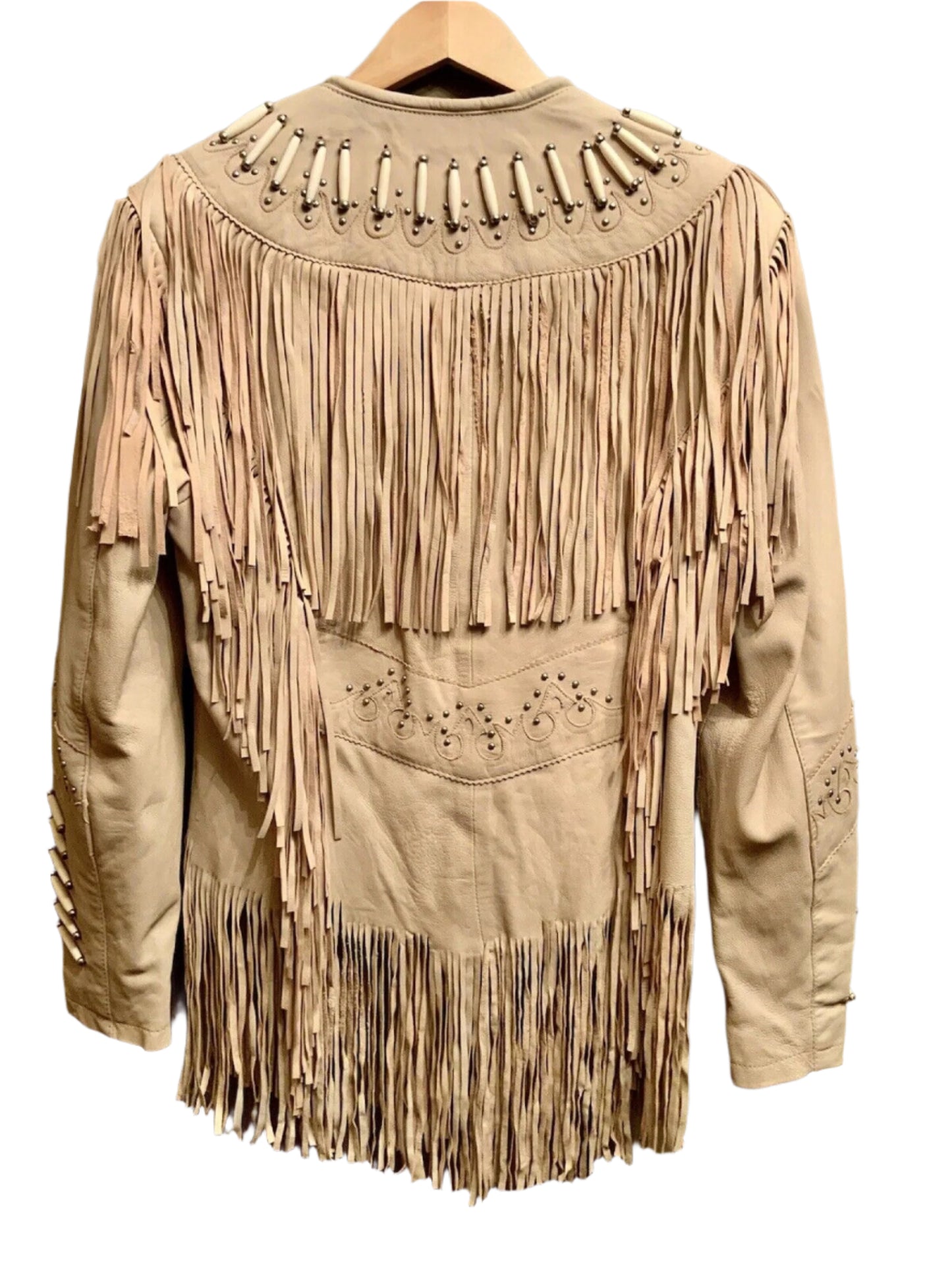 Cowgirl Fringe Beige Suede Leather Bone work Jacket for women MFWJ775