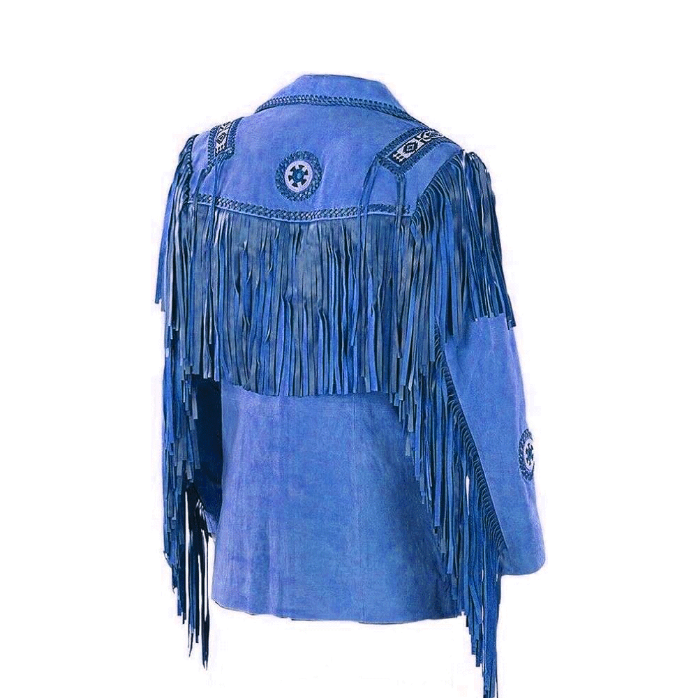 Cowboy Fringe Blue Suede Leather Beaded Jacket for Mens MFMJ405