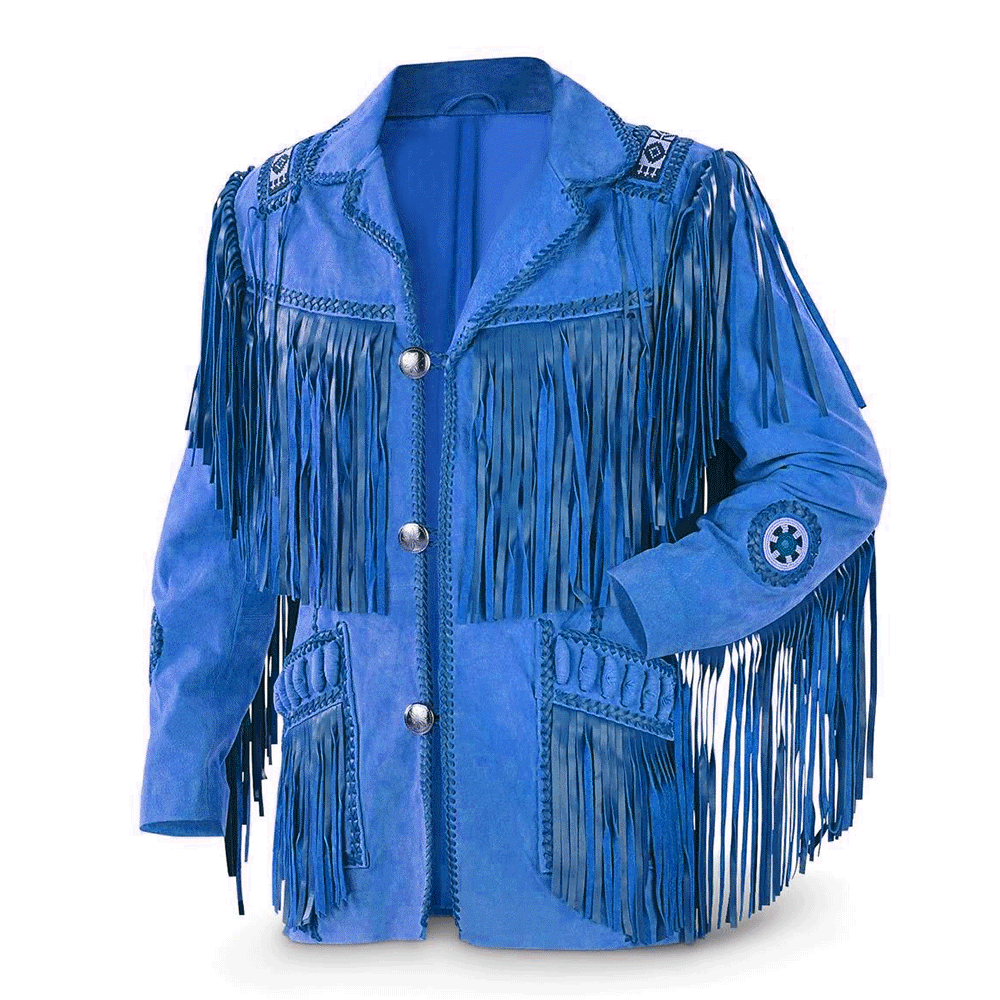 Cowboy Fringe Blue Suede Leather Beaded Jacket for Mens MFMJ405