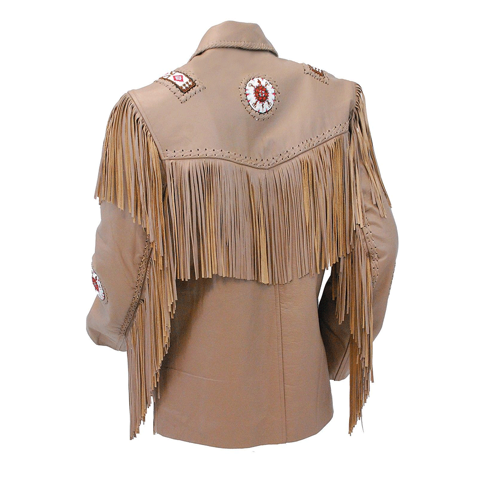 Cowboy Fringe Brown Leather Beaded Jacket for Mens MFMJ119