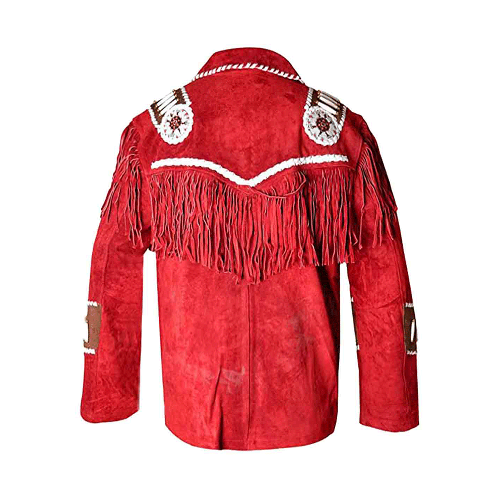 Cowboy Fringe Red Suede Leather Beaded Jacket for Mens MFMJ432