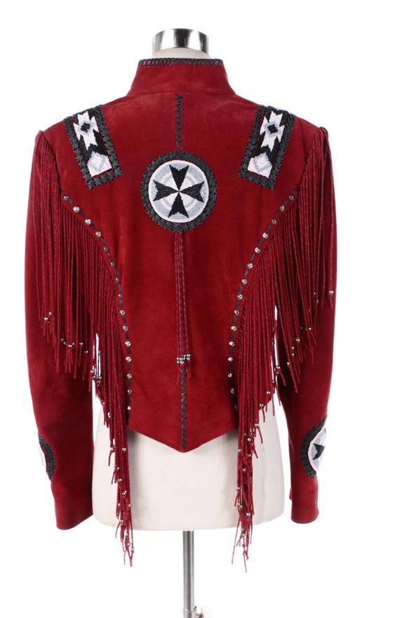 Cowgirl Fringe Red Suede Leather Beaded Jacket for women MFWJ753