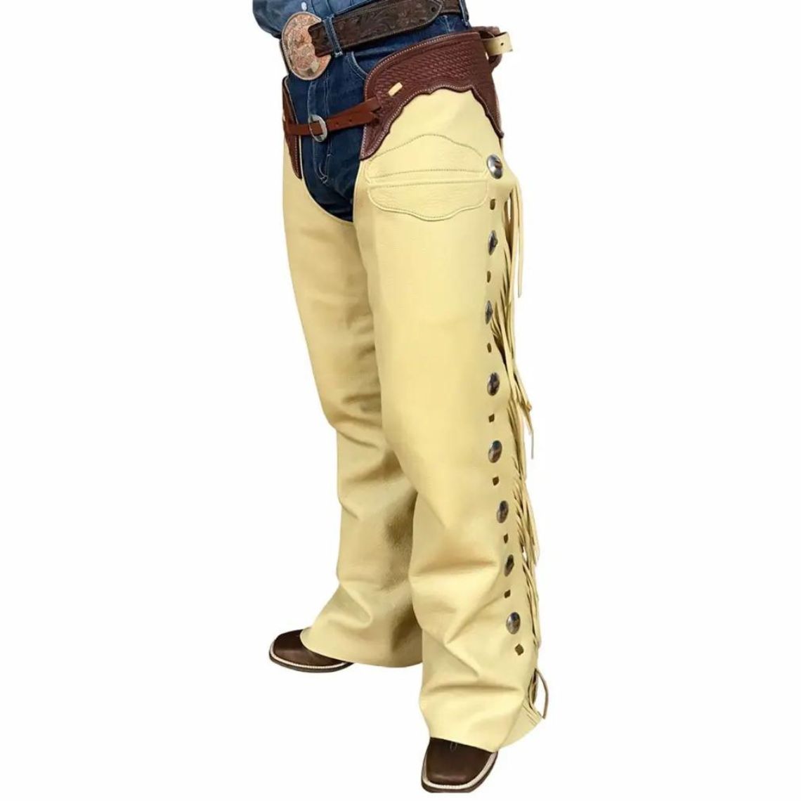 Men's Cowboy Fringe Beige Suede Leather Chaps MFCP539