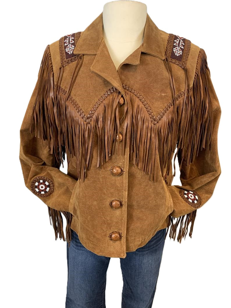 Cowgirl Fringe Brown Suede Leather Beaded Jacket for women MFWJ729