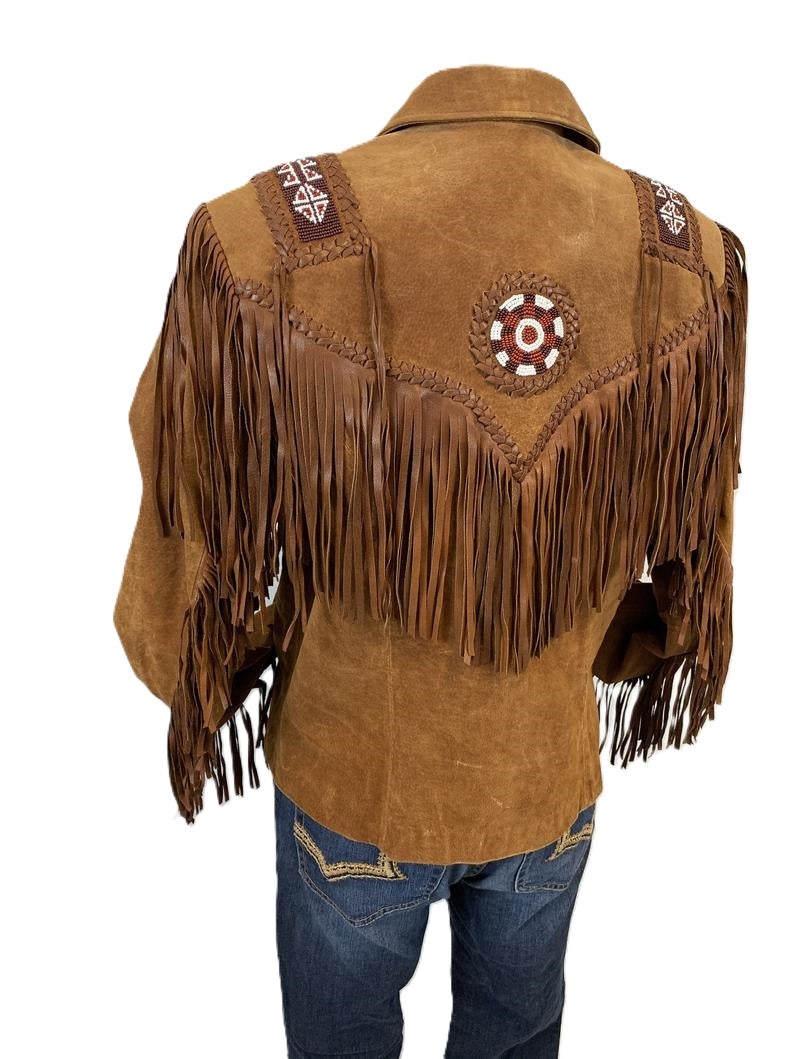 Cowgirl Fringe Brown Suede Leather Beaded Jacket for women MFWJ729