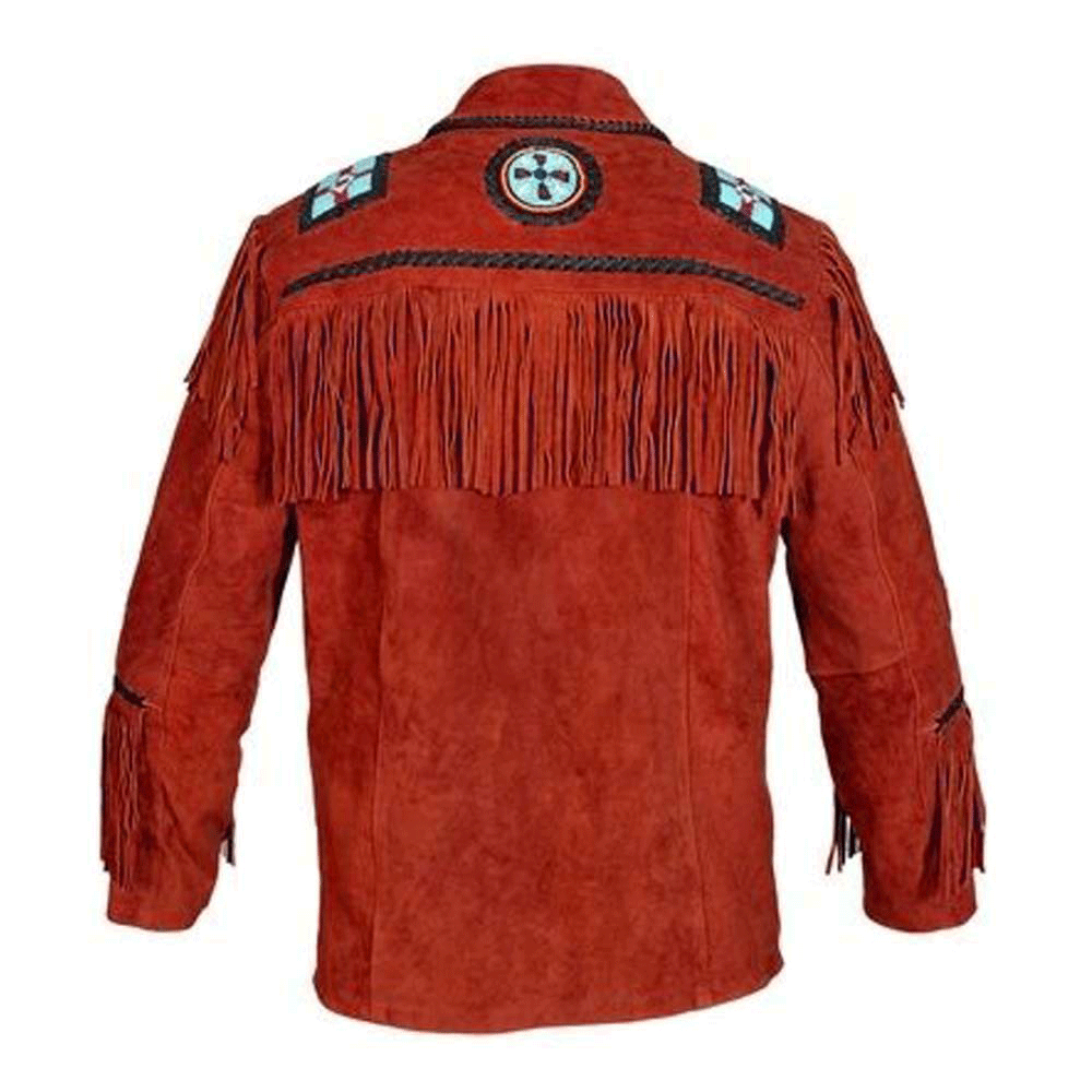 Cowboy Fringe Red Suede Leather Eagle Beaded Jacket for Mens MFMJ431