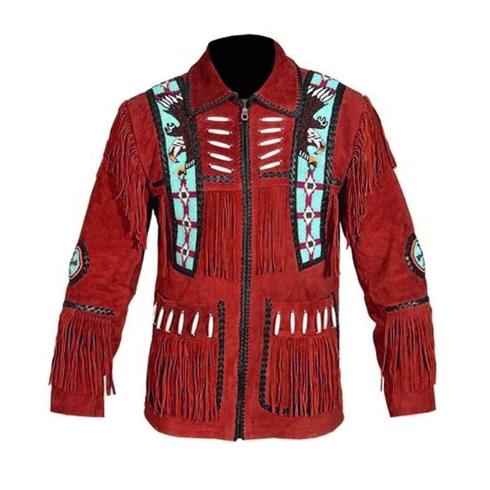 Cowboy Fringe Red Suede Leather Eagle Beaded Jacket for Mens MFMJ431