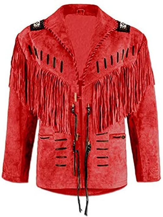 Cowboy Fringe Red Suede Leather Beaded Jacket for Mens MFMJ426