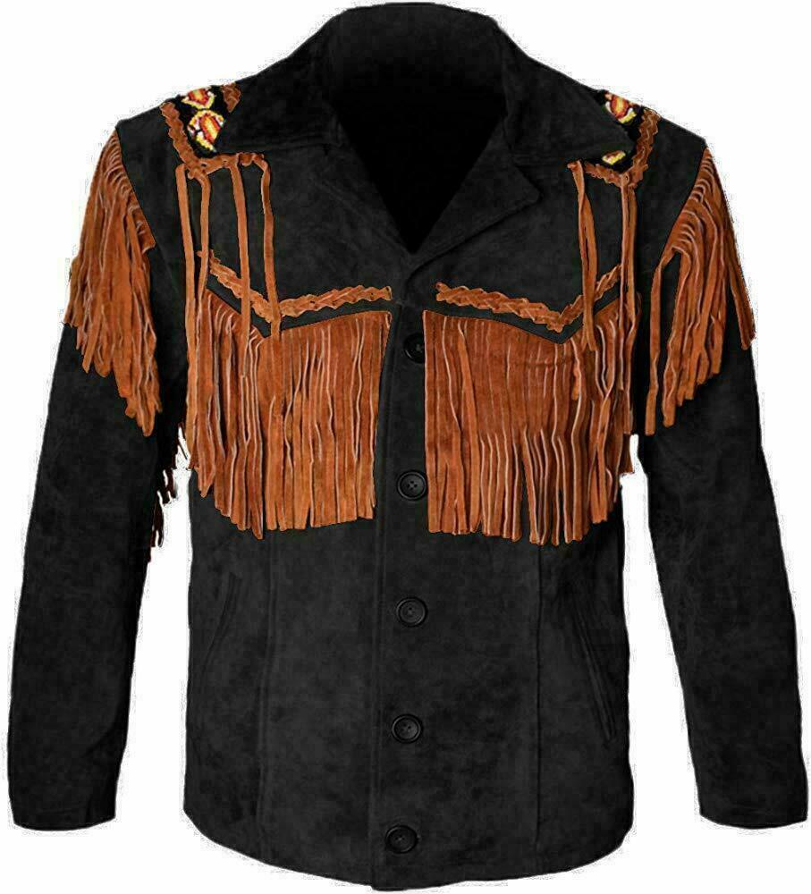 Cowboy Fringe Black Suede Leather Beaded Jacket for Mens MFMJ306