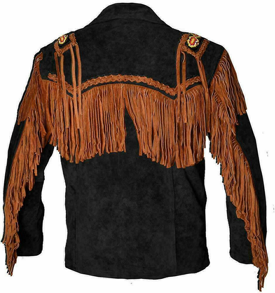 Cowboy Fringe Black Suede Leather Beaded Jacket for Mens MFMJ306