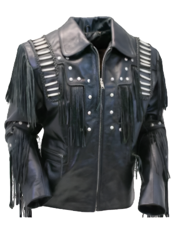 Cowboy Fringe Black Leather Bone work Jacket for Mens MFMJ307