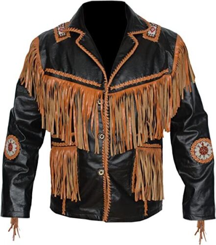 Cowboy Fringe Black Leather Beaded Jacket for Mens MFMJ304