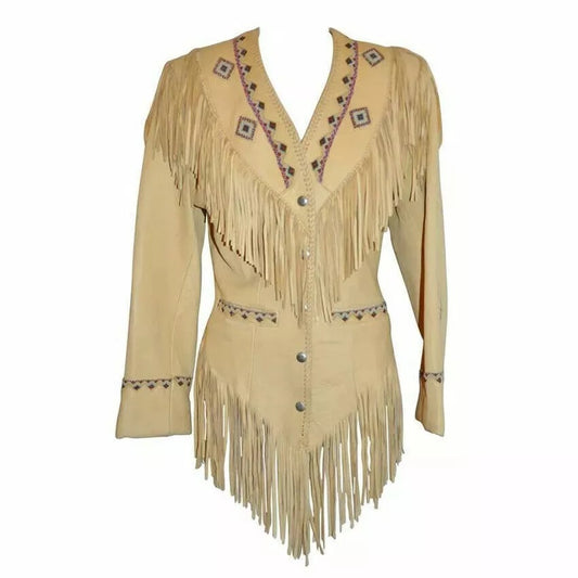 Cowgirl Fringe Beige Suede Leather Jacket for women MFWJ773