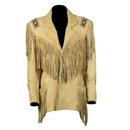 Cowgirl Fringe Beige Suede Leather Beaded Jacket for women MFWJ776