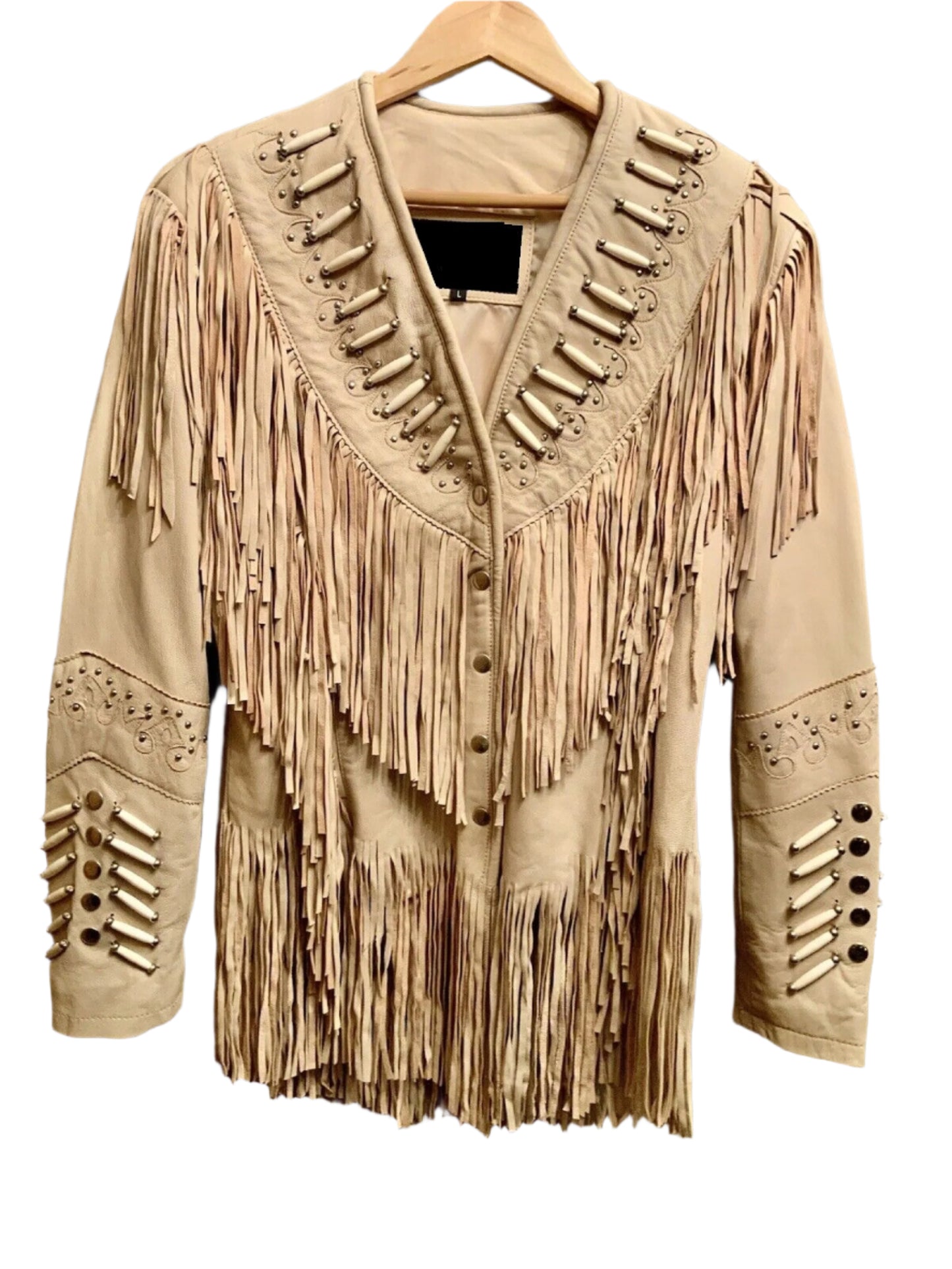 Cowgirl Fringe Beige Suede Leather Bone work Jacket for women MFWJ775