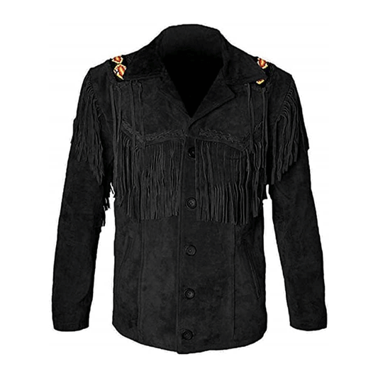 Cowboy Fringe Black Suede Leather Bead work Jacket for Mens MFMJ317
