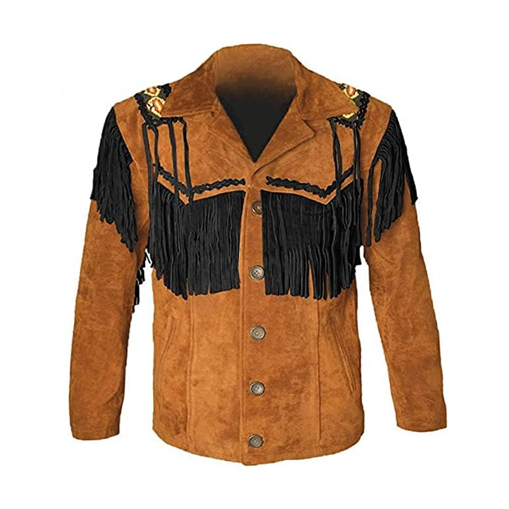 Cowboy Fringe Brown Suede Leather Beaded Jacket for Mens MFMJ121