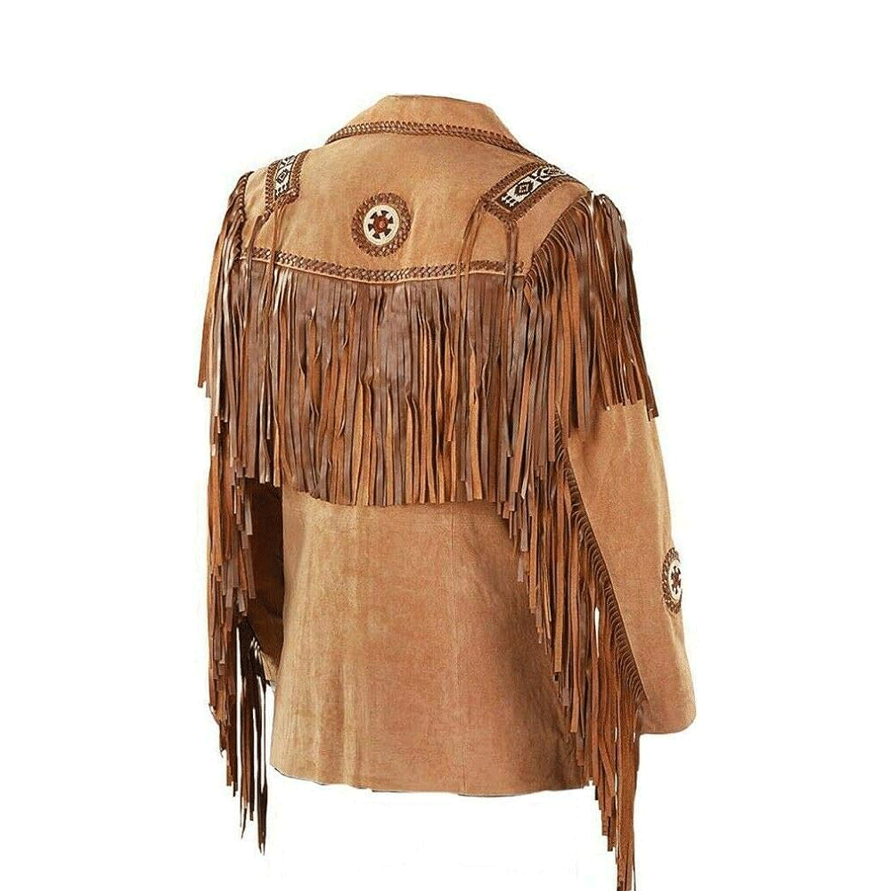 Cowboy Fringe Brown Suede Leather Beaded Jacket for Mens MFMJ118