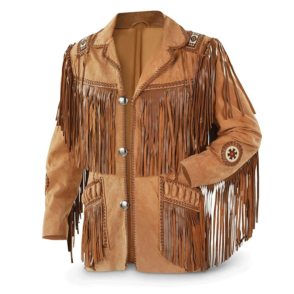 Cowboy Fringe Brown Suede Leather Beaded Jacket for Mens MFMJ118