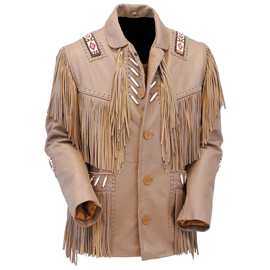 Cowboy Fringe Brown Leather Beaded Jacket for Mens MFMJ119