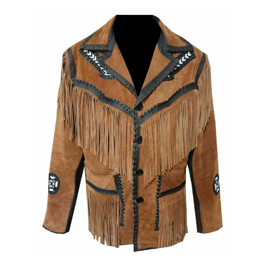 Cowboy Fringe Brown Suede Leather Arrow Beaded Jacket for Mens MFMJ103