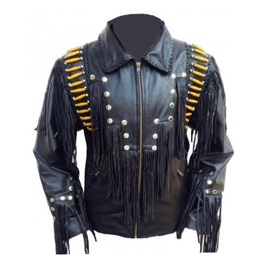 Cowboy Fringe Black Leather Bone work Jacket for Mens MFMJ321