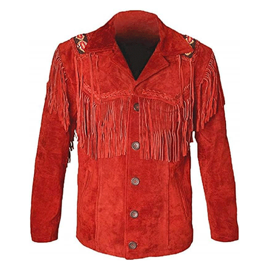 Cowboy Fringe Red Suede Leather Beaded Jacket for Mens MFMJ428