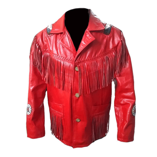 Cowboy Fringe Red Leather Beaded Jacket for Mens MFMJ427