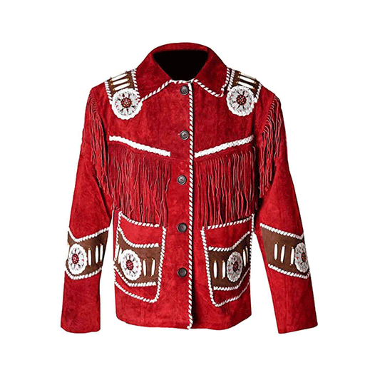 Cowboy Fringe Red Suede Leather Beaded Jacket for Mens MFMJ432
