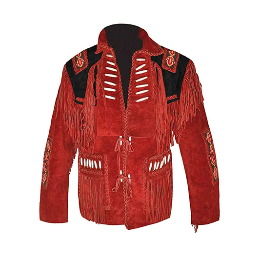 Cowboy Fringe Red Suede Leather Beaded Jacket for Mens MFMJ429