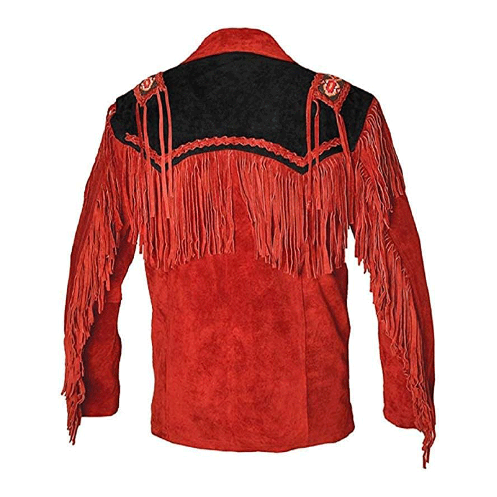 Cowboy Fringe Red Suede Leather Beaded Jacket for Mens MFMJ430