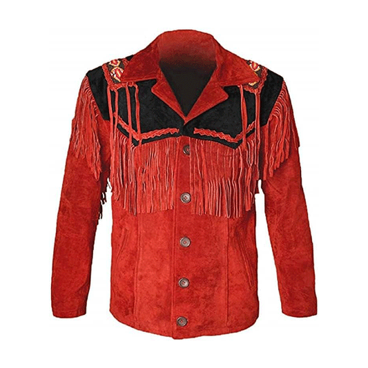 Cowboy Fringe Red Suede Leather Beaded Jacket for Mens MFMJ430