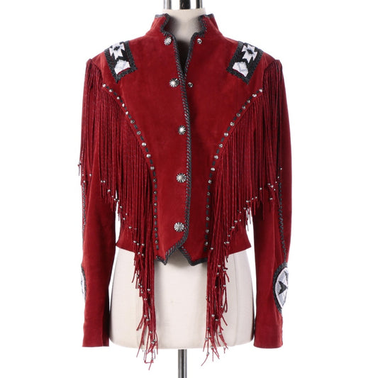 Cowgirl Fringe Red Suede Leather Beaded Jacket for women MFWJ753