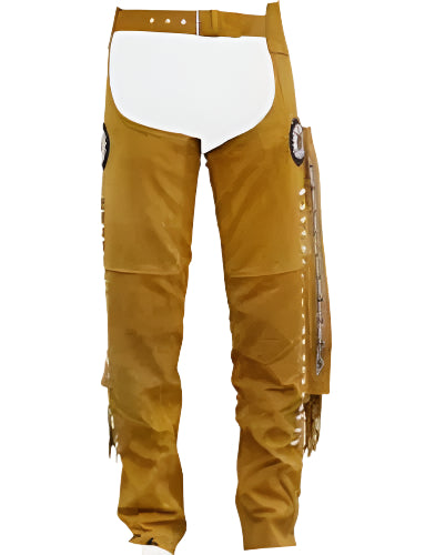 Men's Cowboy Fringe Golden Brown Suede Leather Beaded Chaps WFCP701