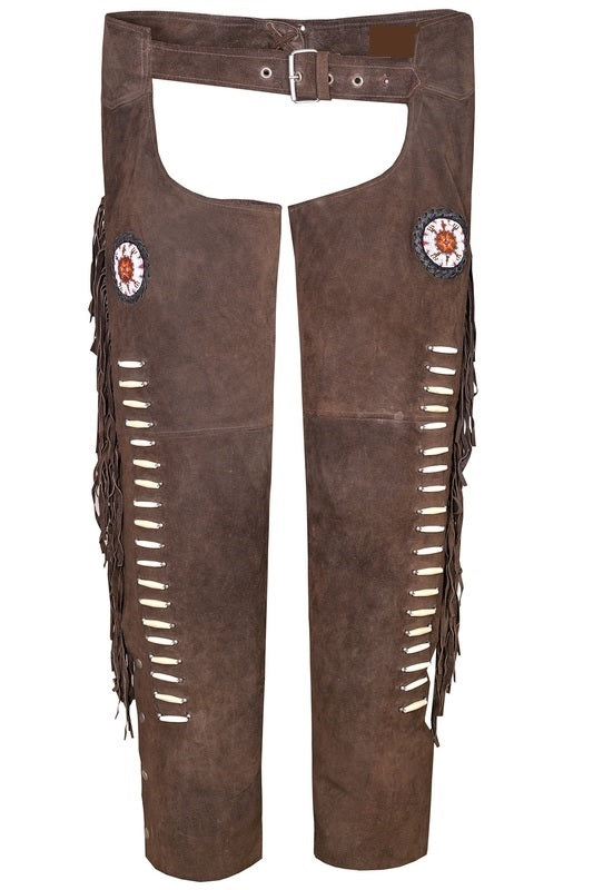 Men's Cowboy Fringe Brown Suede Leather Beaded Chaps MFCP507