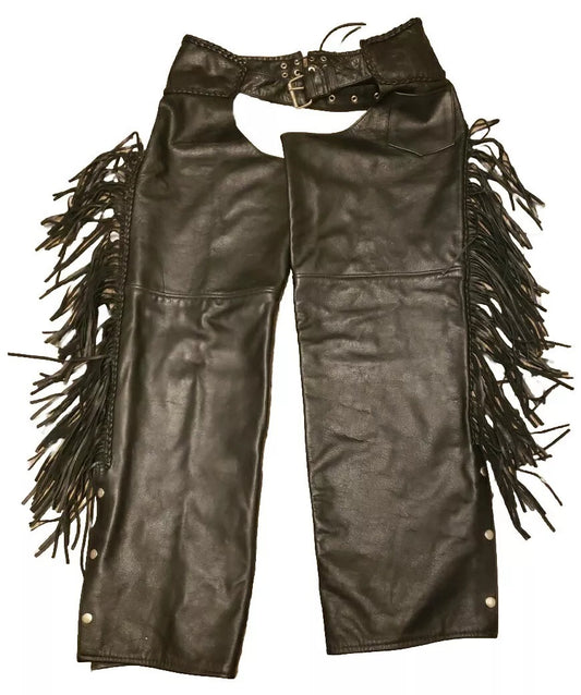 Men's Cowboy Fringe Black Leather Chaps MFCP553