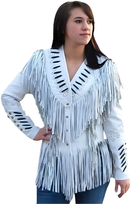 Cowgirl Fringe White Leather Beaded Jacket for women MFWJ802