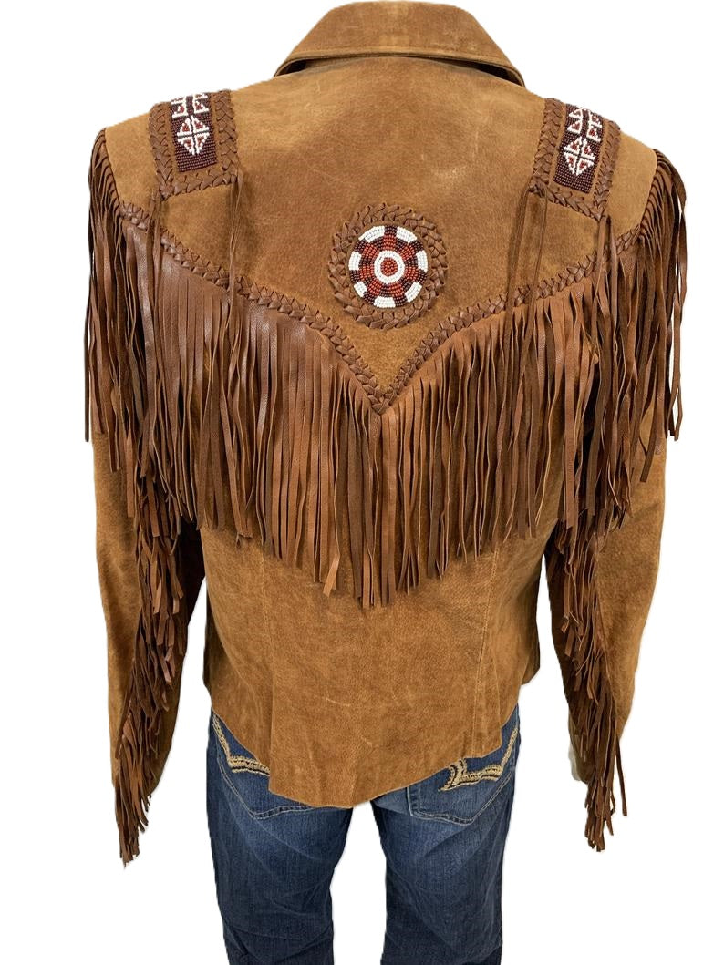 Cowgirl Fringe Brown Suede Leather Beaded Jacket for women MFWJ729