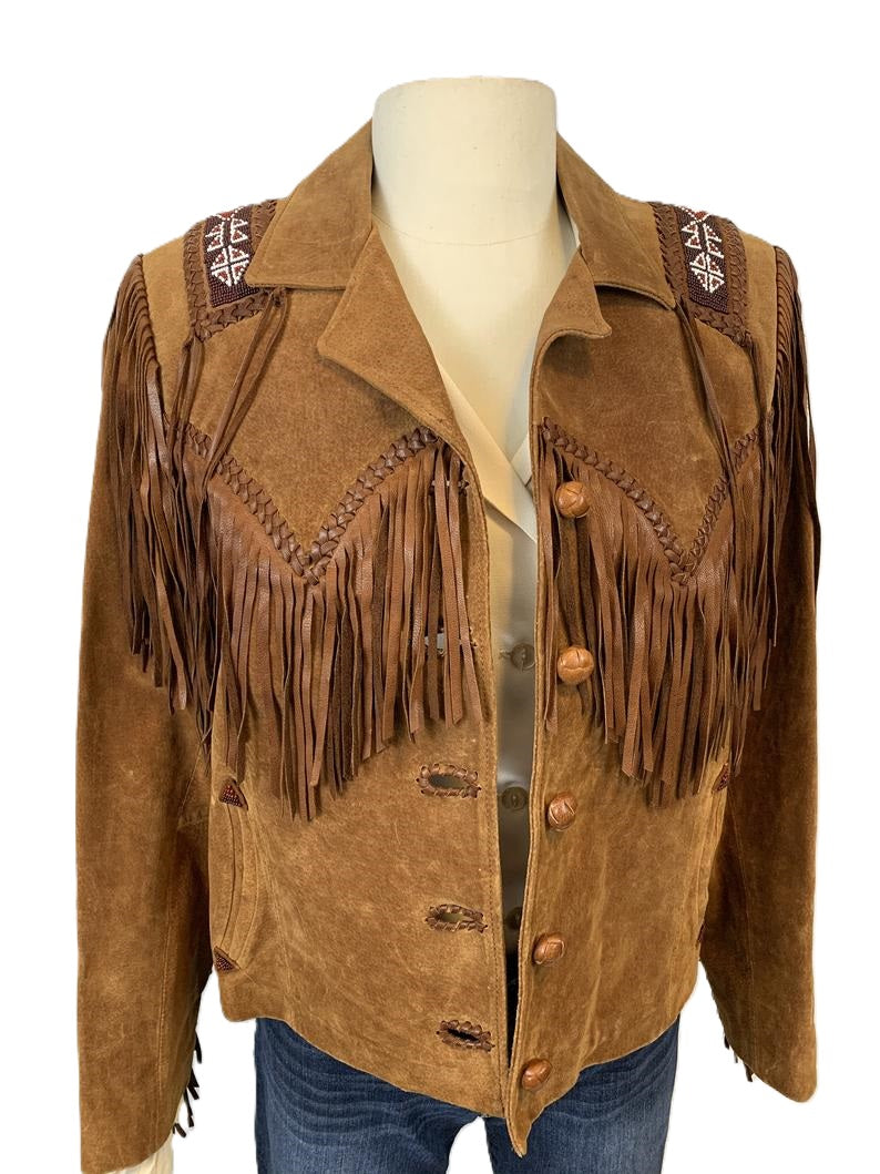 Cowgirl Fringe Brown Suede Leather Beaded Jacket for women MFWJ729
