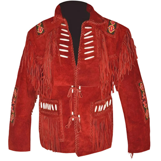 Cowboy Fringe Red Suede Leather Beaded Jacket for Mens MFMJ433